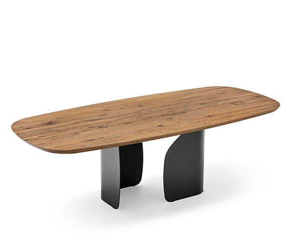 Twins: Table with solid wood elliptical top and metal pedestal