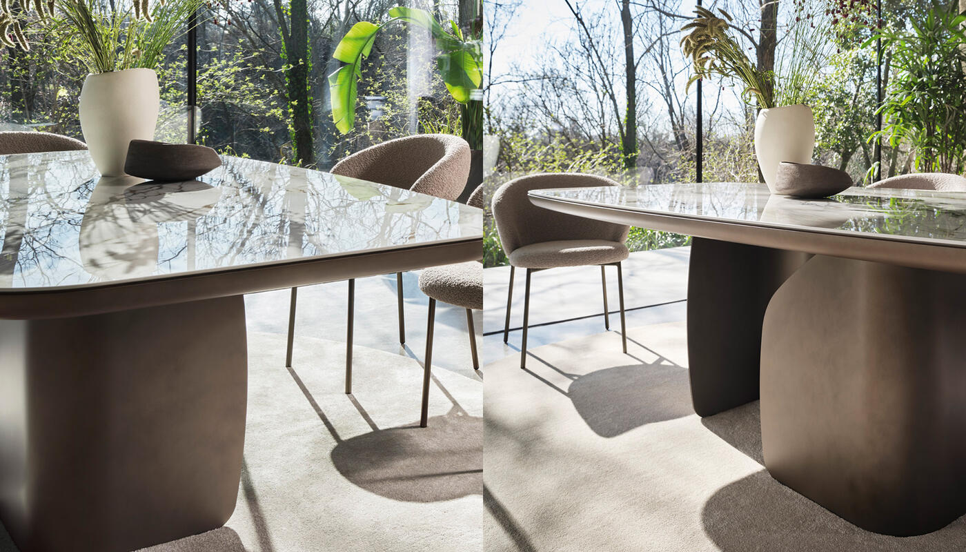 Twins: Table with elliptical top, bevelled undertop and metal